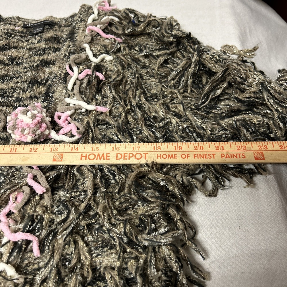 I.N.C Shaggy‎ Funky Knit Short Sweater Open Front Neutral Colors Pink Accents - Picture 10 of 12